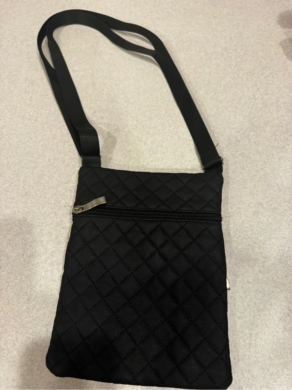 Quilted Look Black Crossbody Bag with Double Zip Pockets
